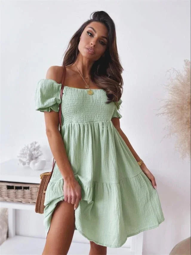 Vestido de Verano Elegante con Cuello Recto y Mangas Farol