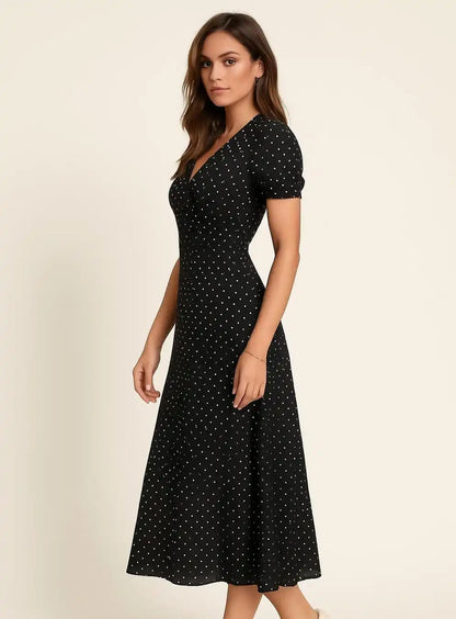 Vestido Midi Negro con Lunares Blancos