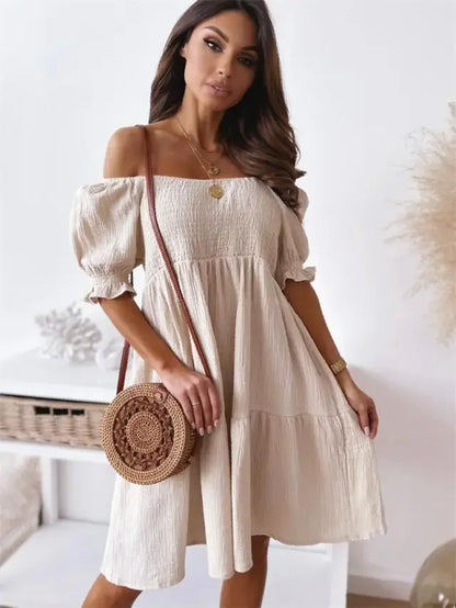 Vestido de Verano Elegante con Cuello Recto y Mangas Farol