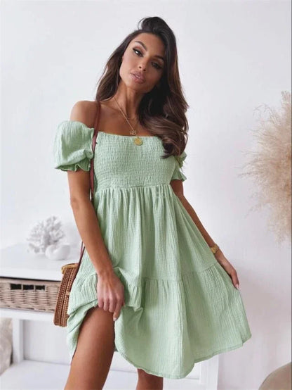 Vestido de Verano Elegante con Cuello Recto y Mangas Farol