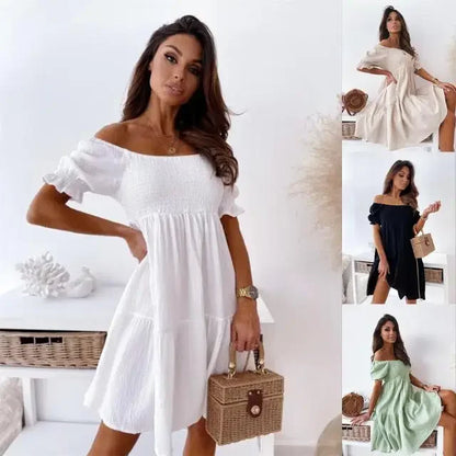 Vestido de Verano Elegante con Cuello Recto y Mangas Farol