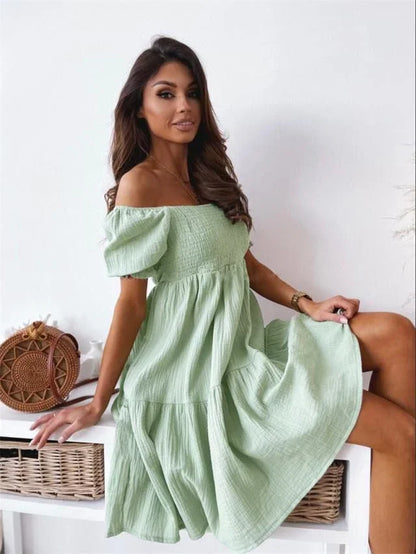 Vestido de Verano Elegante con Cuello Recto y Mangas Farol