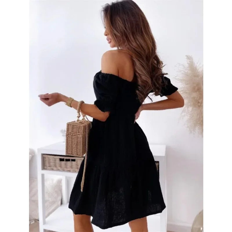 Vestido de Verano Elegante con Cuello Recto y Mangas Farol